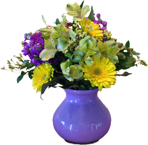 A Purple Vase With Yellow And Green Flowers