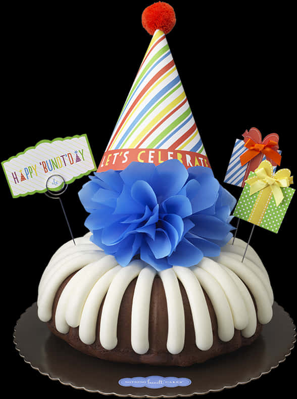 A Bundt Cake With A Party Hat And Decorations