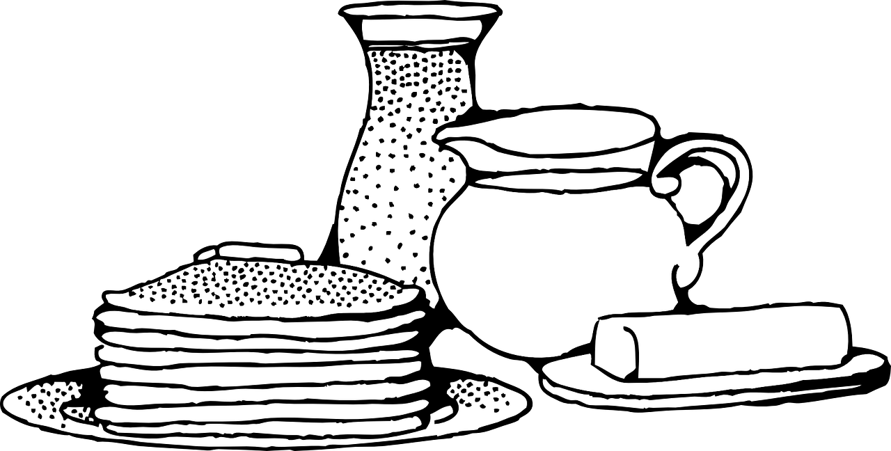 A Black And White Illustration Of Pancakes And A Pitcher Of Butter