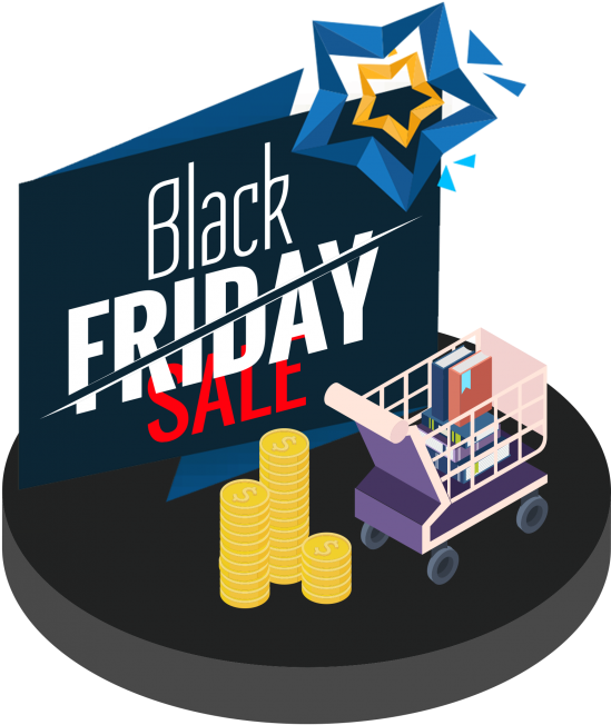 A Black Friday Sale Banner With A Cart And Stacks Of Coins