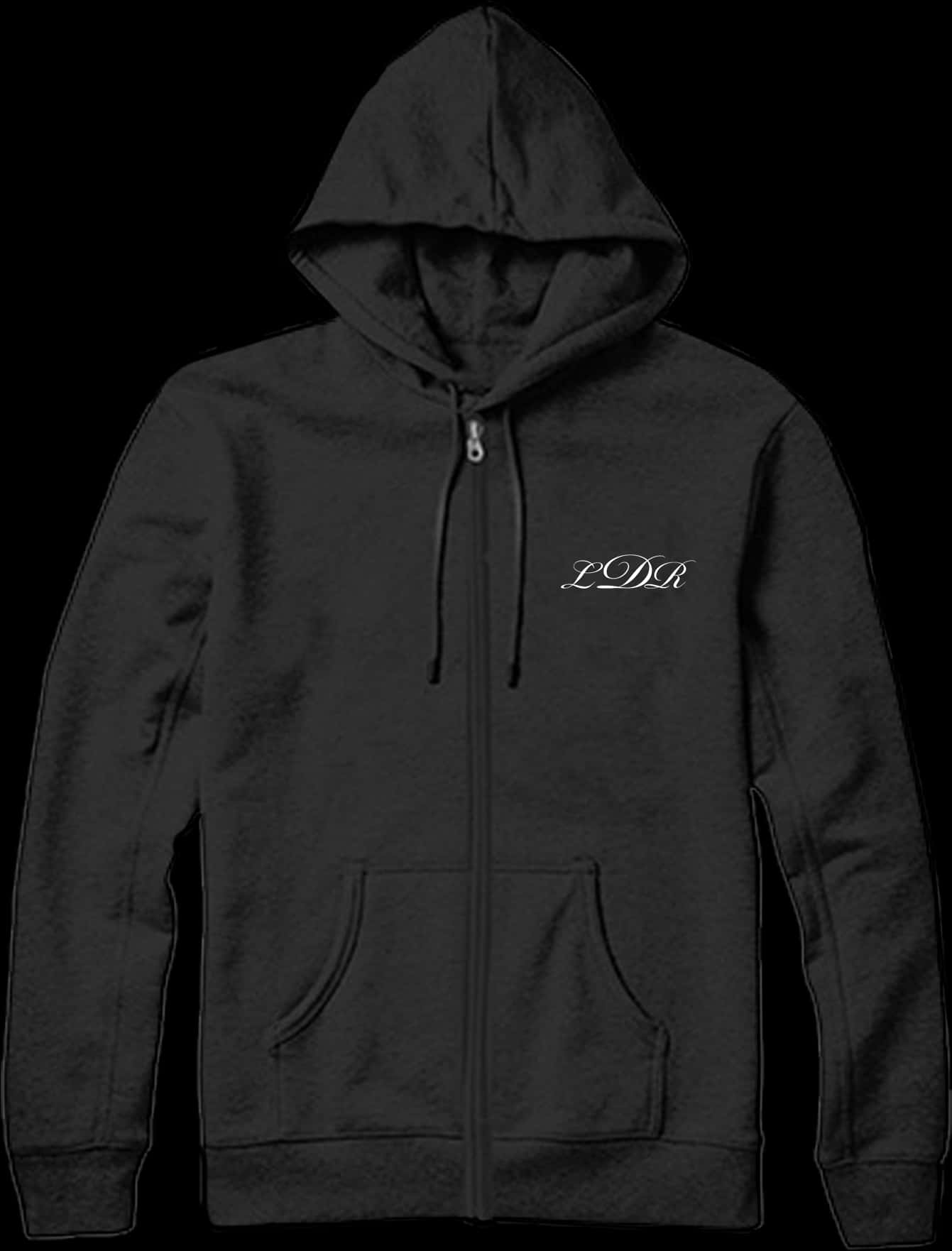 A Black Zip Up Hoodie With White Text