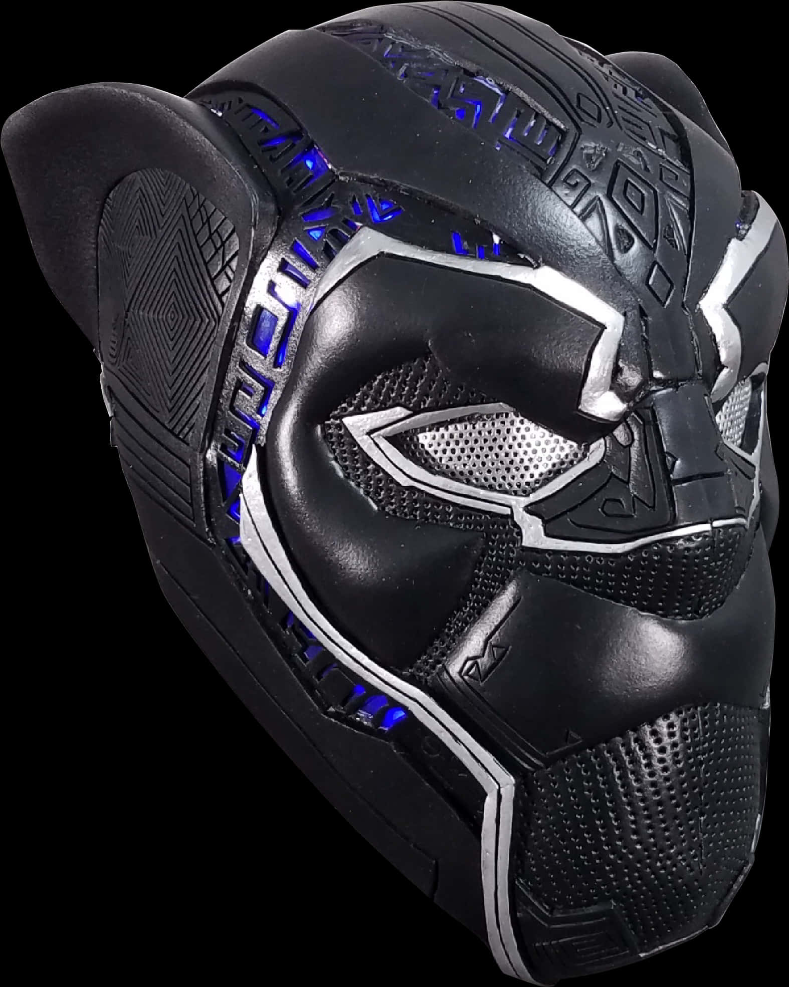 A Black Panther Mask With Blue Lights