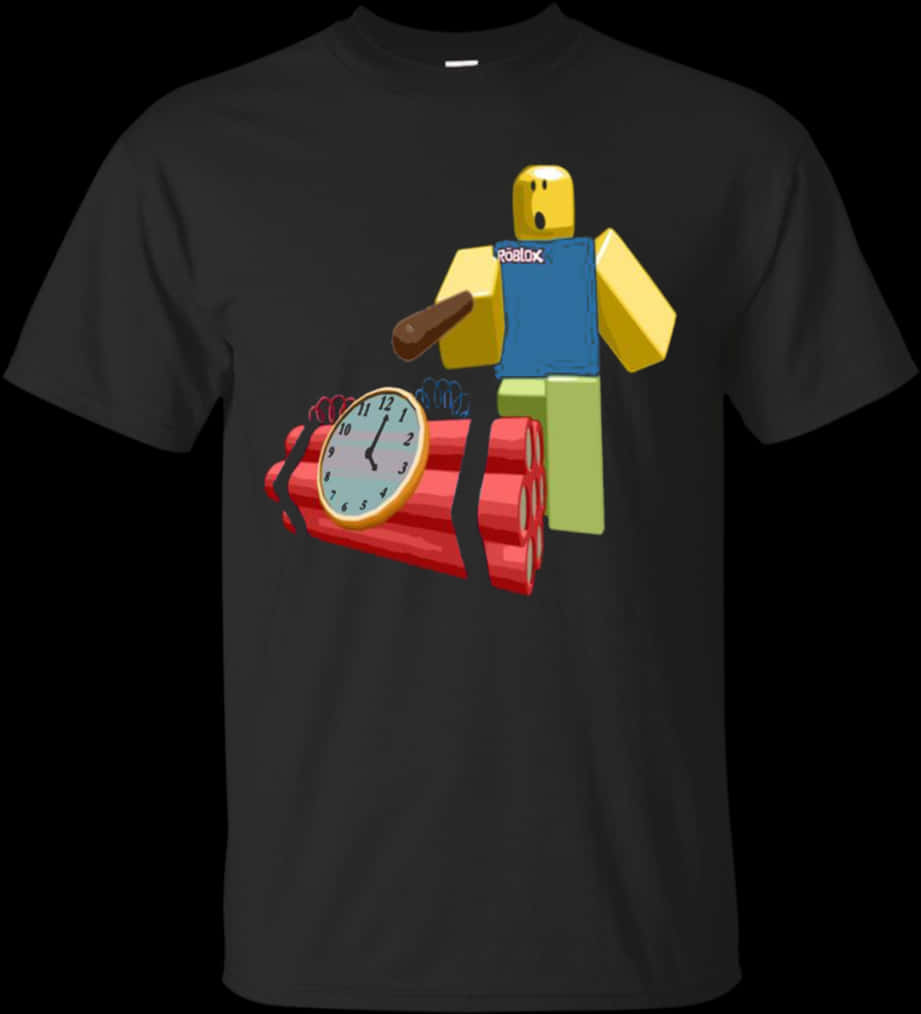 A Black T-shirt With A Cartoon Character And A Clock