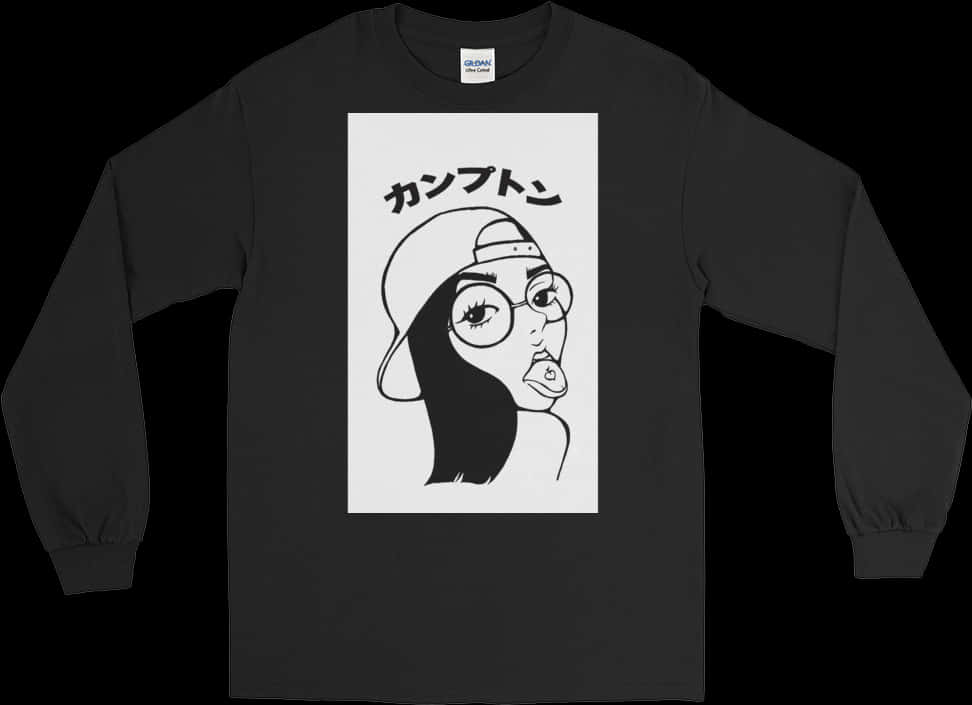 A Black Long Sleeved Shirt With A Cartoon Of A Woman