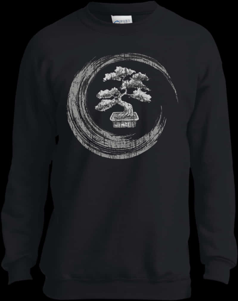 A Black Sweatshirt With A White Drawing Of A Bonsai Tree