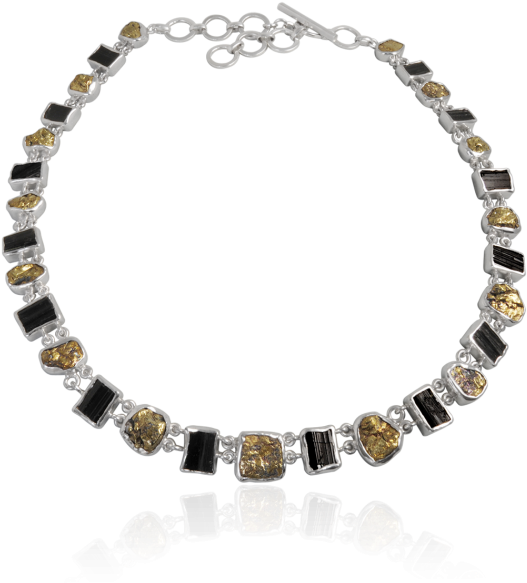 A Necklace With Gold And Black Stones