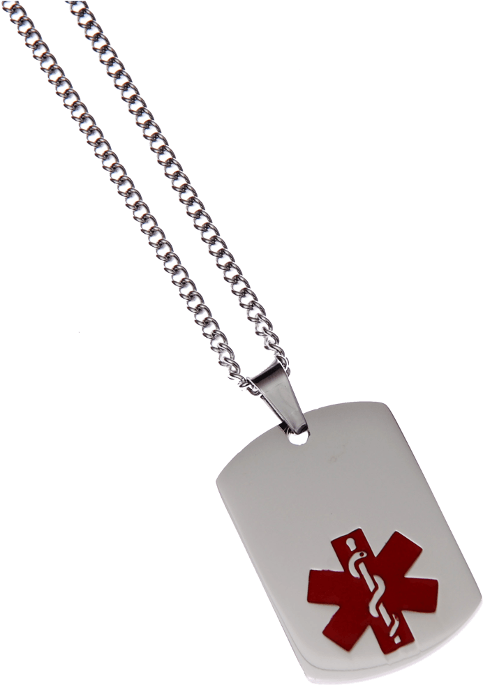 A Silver Chain With A Red Symbol On It