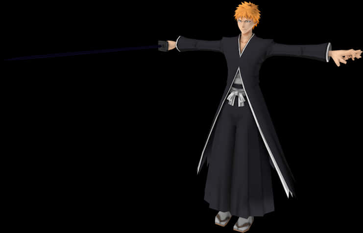 A Cartoon Character With Orange Hair And Black Outfit Holding A Sword