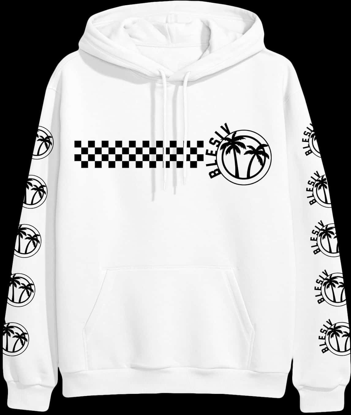 A White Hoodie With Black And White Design