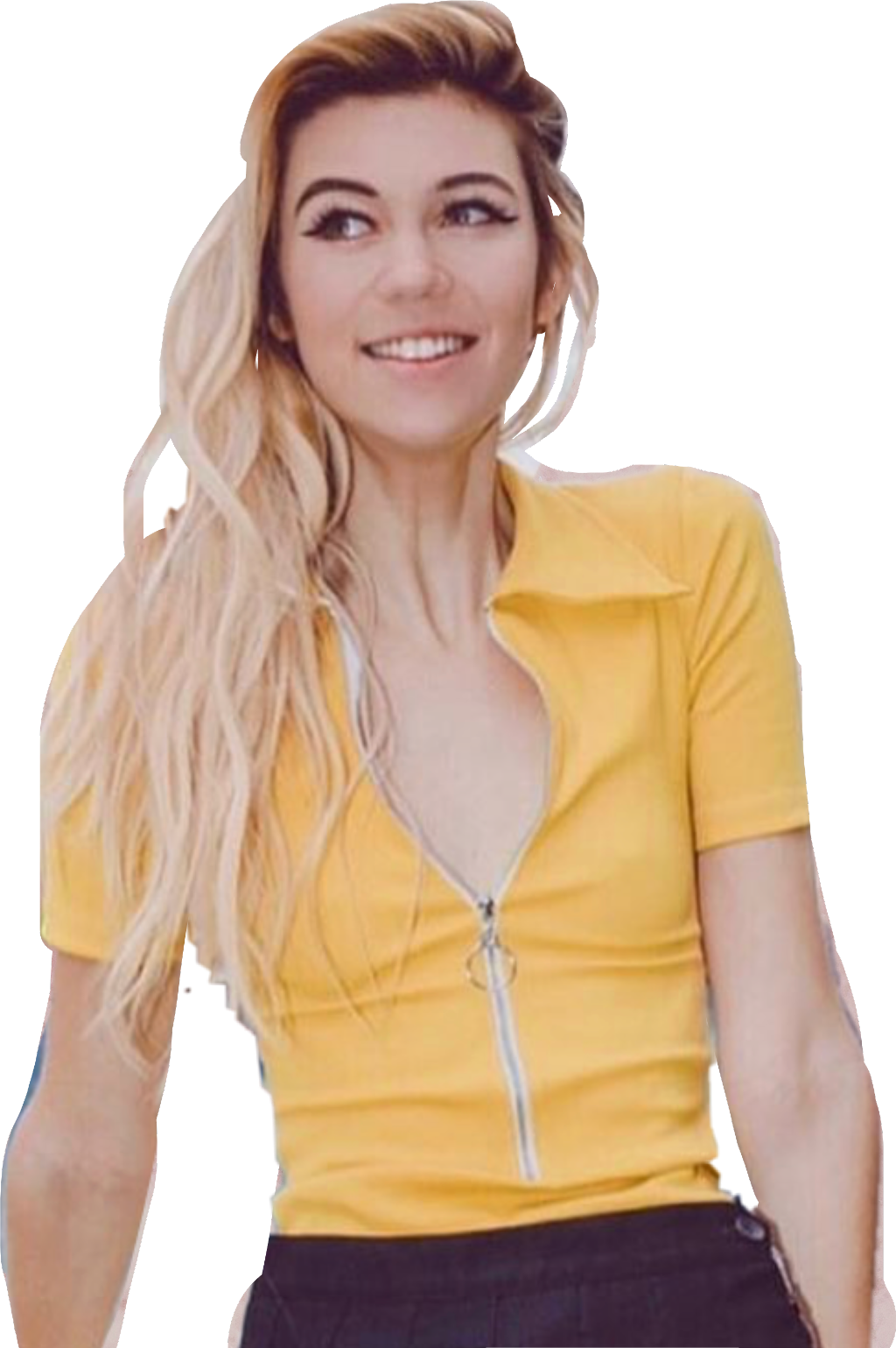 A Woman With Long Blonde Hair Wearing A Yellow Shirt