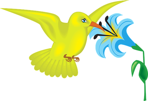 A Yellow Bird With A Blue Flower