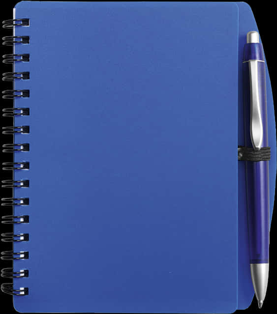 A Blue Spiral Notebook With A Pen