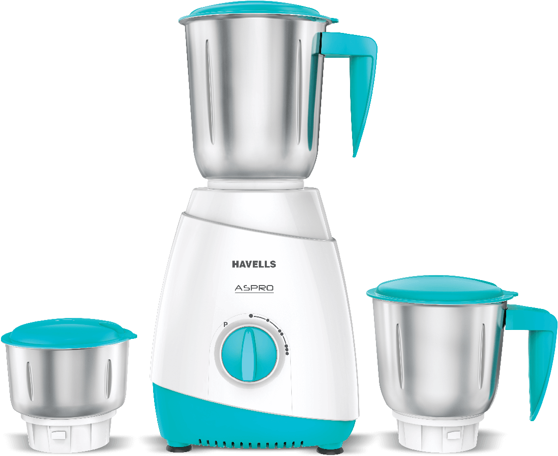 A Blender With A Blue Lid And Silver Cups