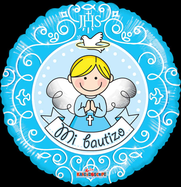 A Blue And White Balloon With A Cartoon Angel