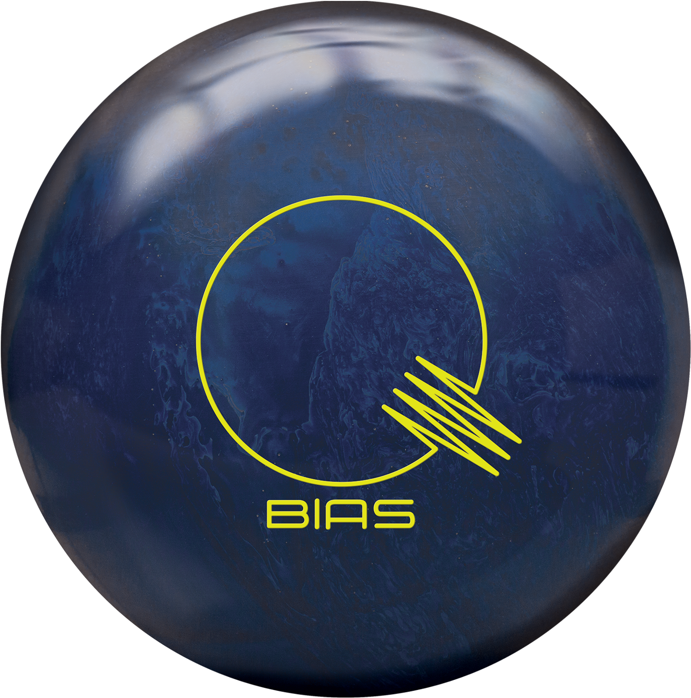 A Blue Bowling Ball With Yellow Circle And Text