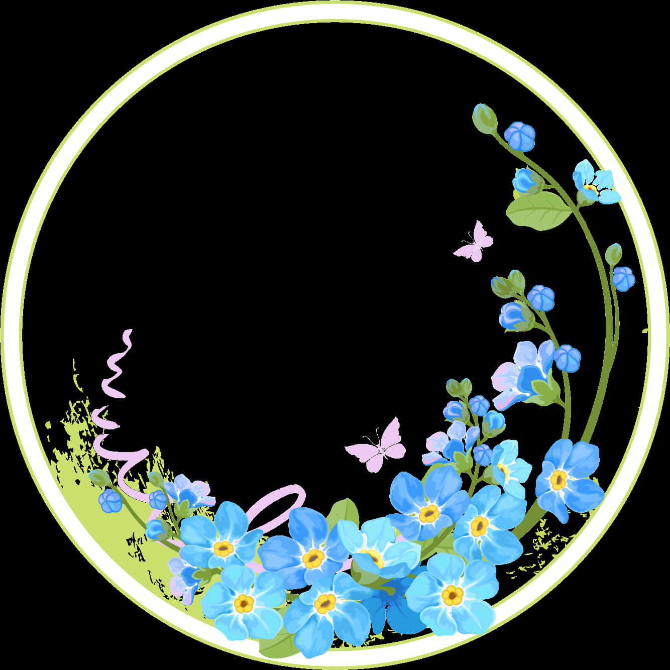 A Circle With Blue Flowers And Butterflies