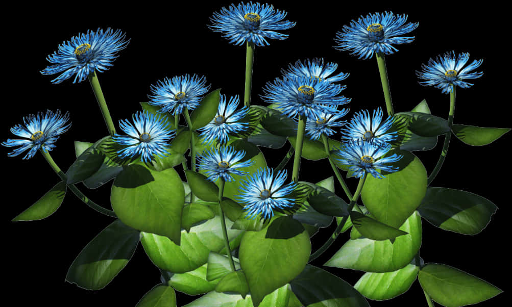 A Group Of Blue Flowers With Green Leaves