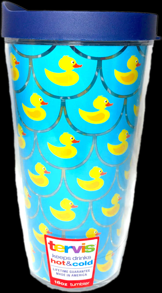 A Blue Cup With Yellow Ducks On It
