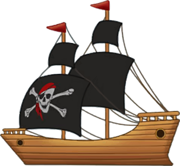 A Cartoon Pirate Ship With Black Sails And A Skull On It