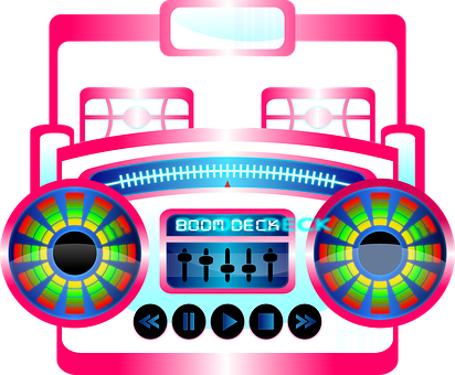 A Pink And Blue Radio With Colorful Circles