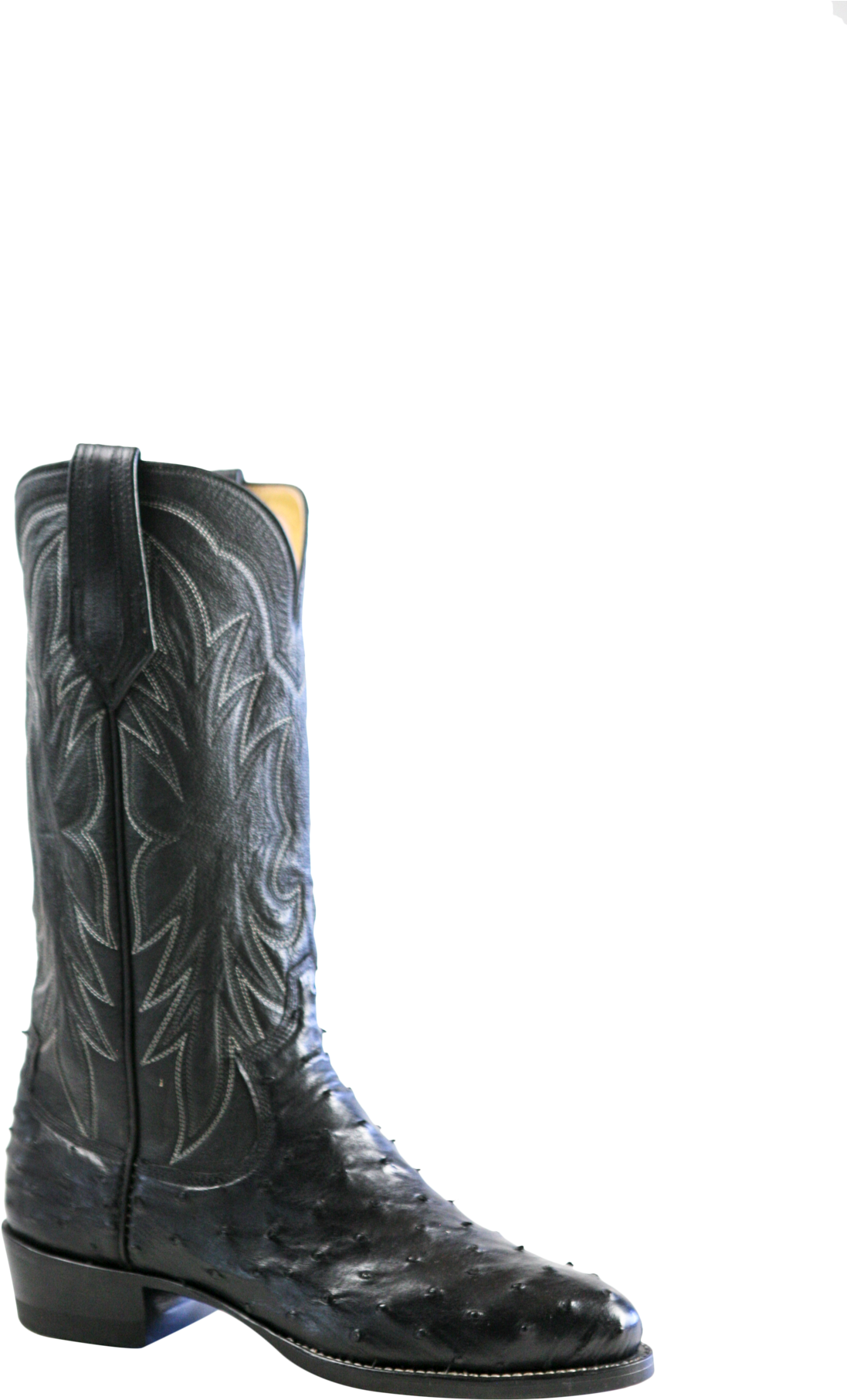 A Black Cowboy Boot With White Stitching