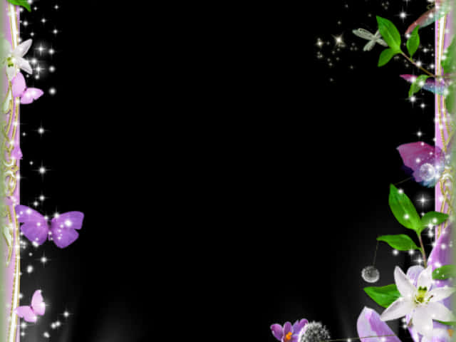 A Black Background With Purple Flowers And Green Leaves