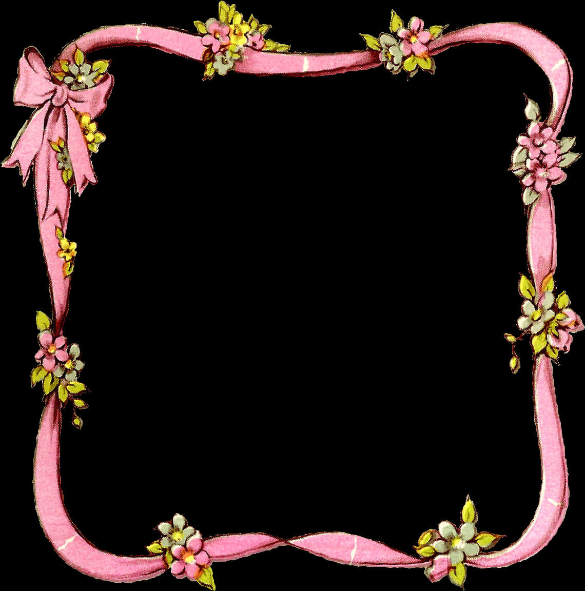 A Pink Ribbon With Flowers And Bows