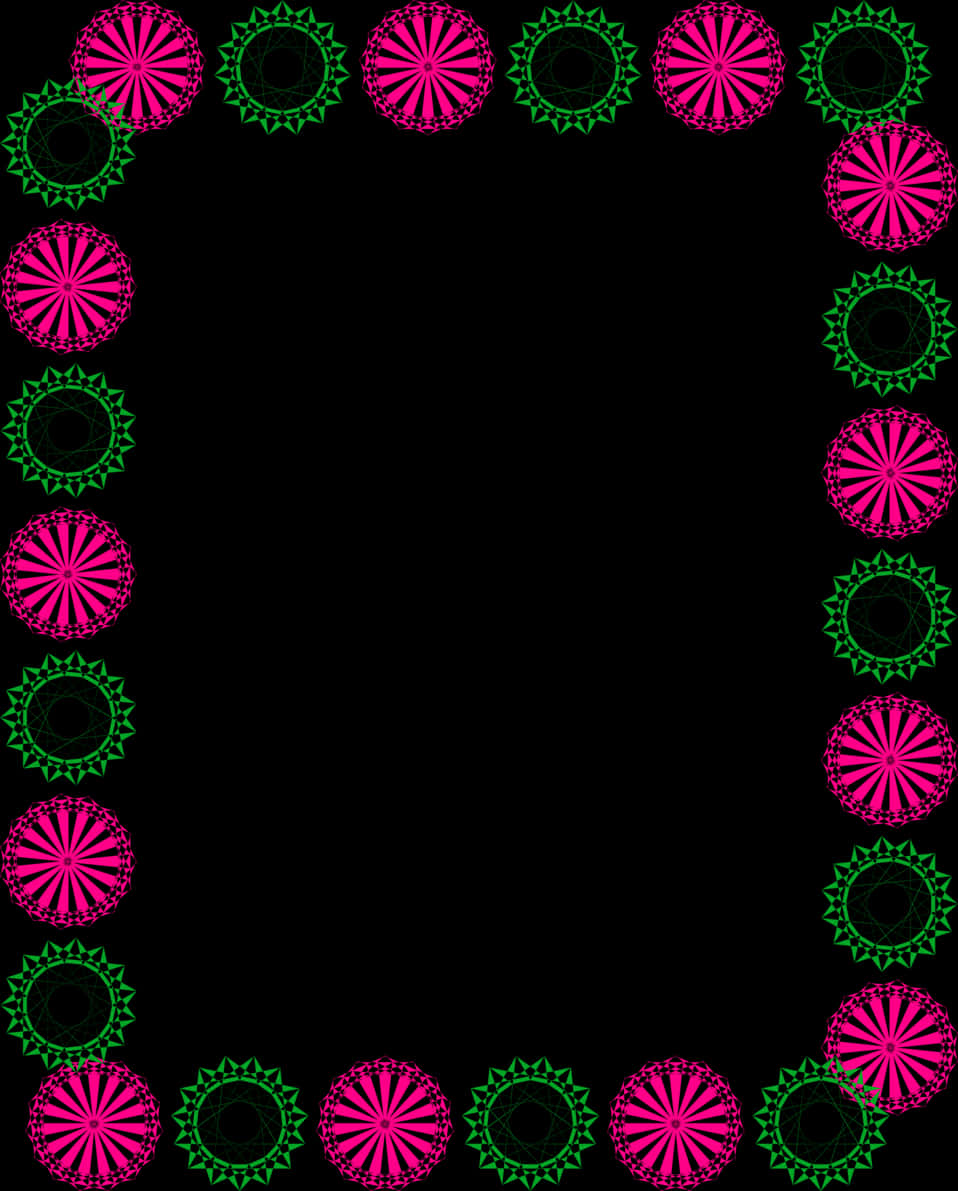 A Black Background With Pink And Green Flowers