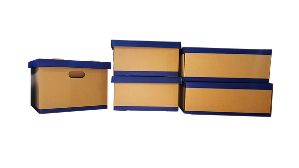 A Group Of Boxes With Blue Lids