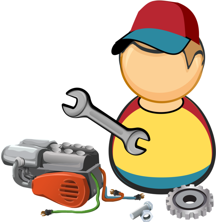 A Cartoon Of A Man Holding A Wrench And A Mechanical Device