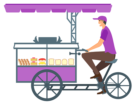 A Man Riding A Bicycle With Food On It