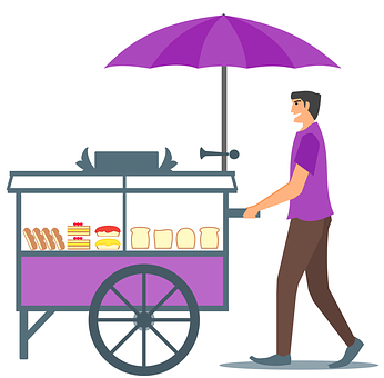 A Man Walking With A Cart With Food