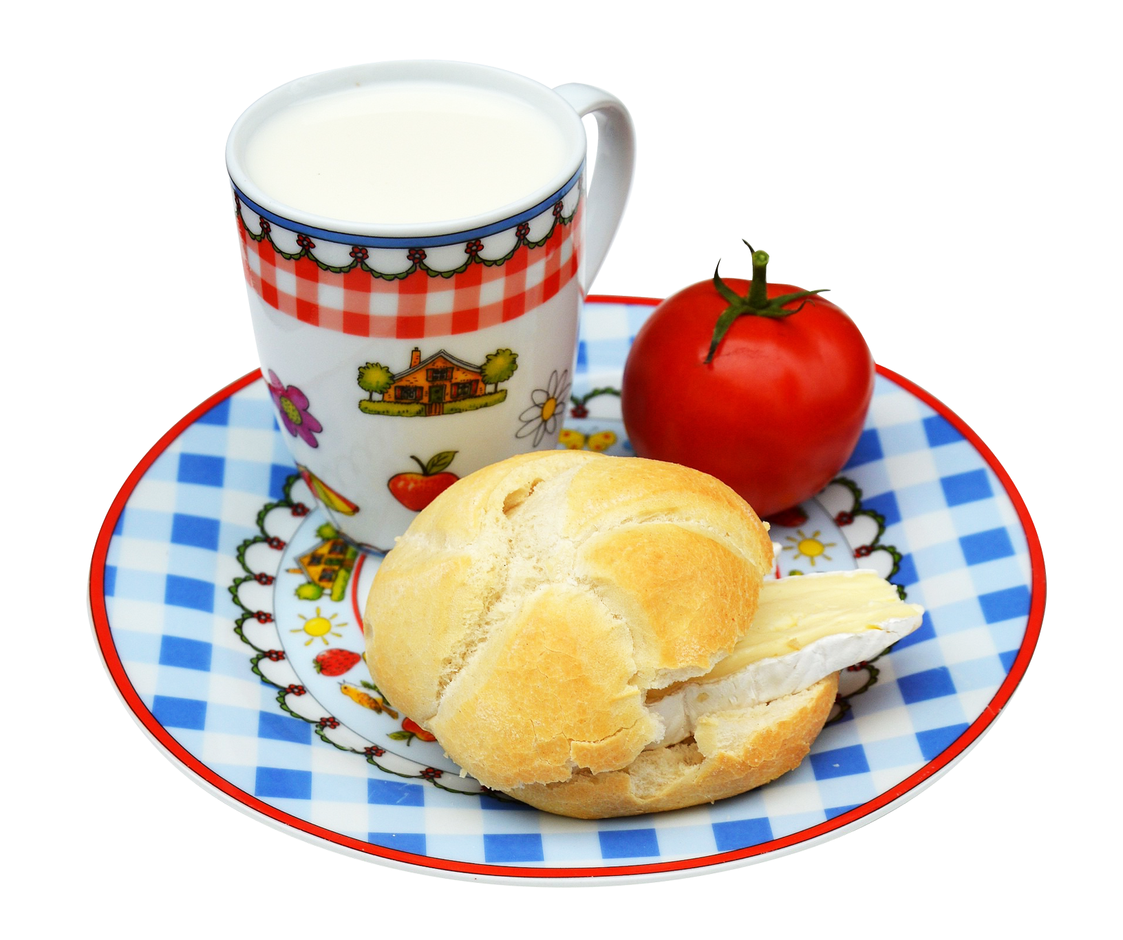 A Plate With A Tomato And A Bread Roll And A Cup Of Milk
