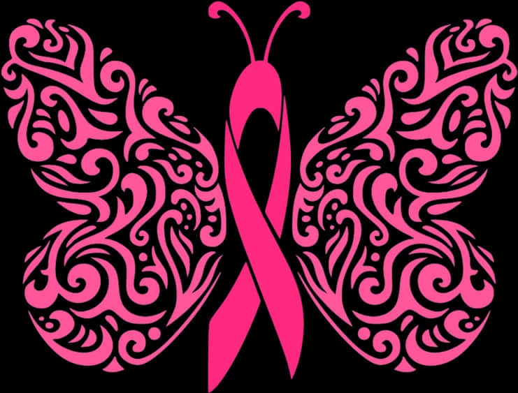 A Pink Butterfly With Swirls And A Ribbon