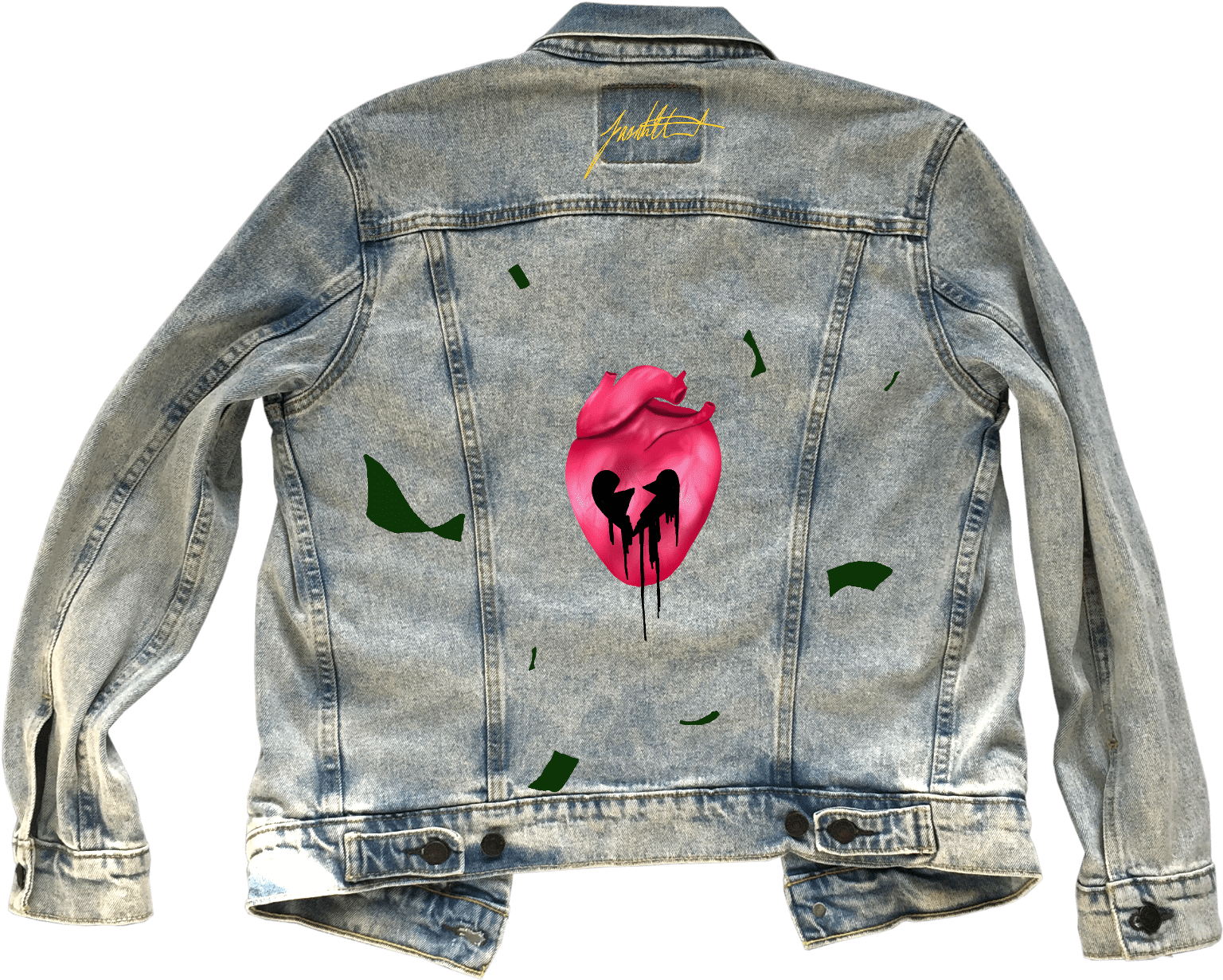 A Denim Jacket With A Pink Heart On The Back