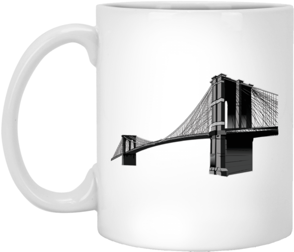 A White Mug With A Bridge On It