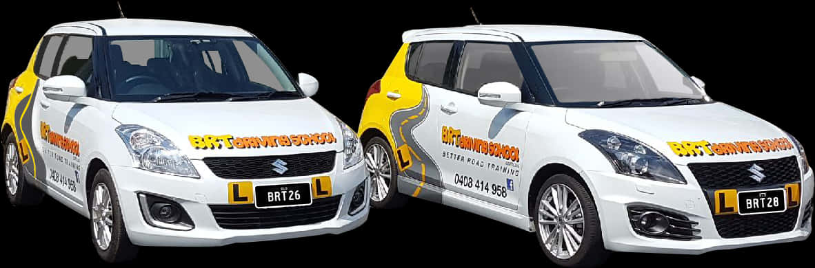Two White Cars With Yellow And White Logos