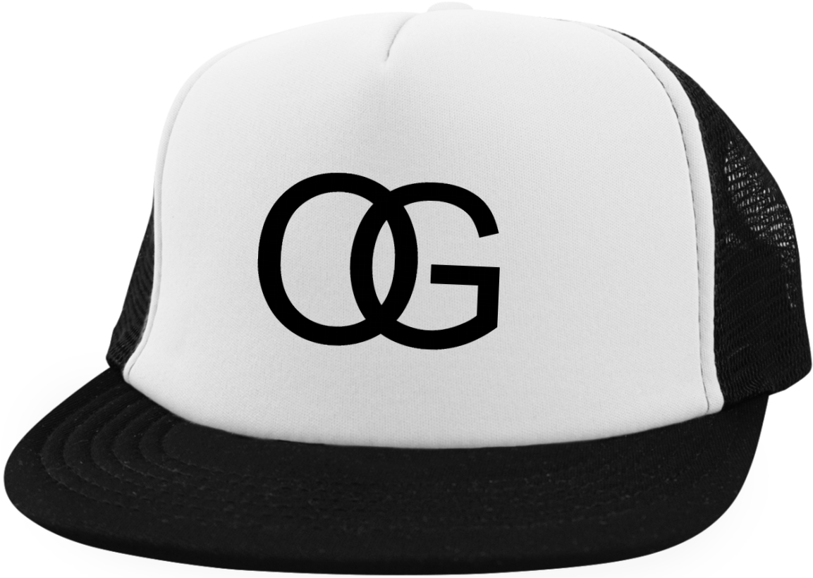 A White And Black Hat With Black Text