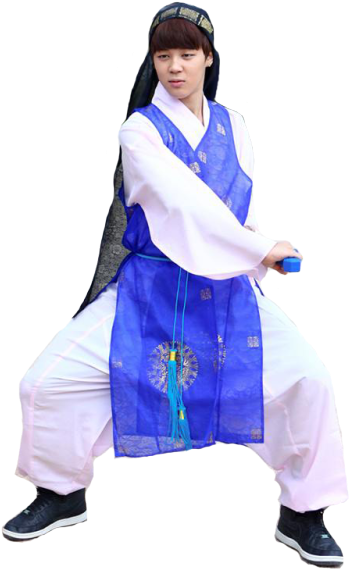 A Man In A Blue Robe And White Pants Holding A Blue Object