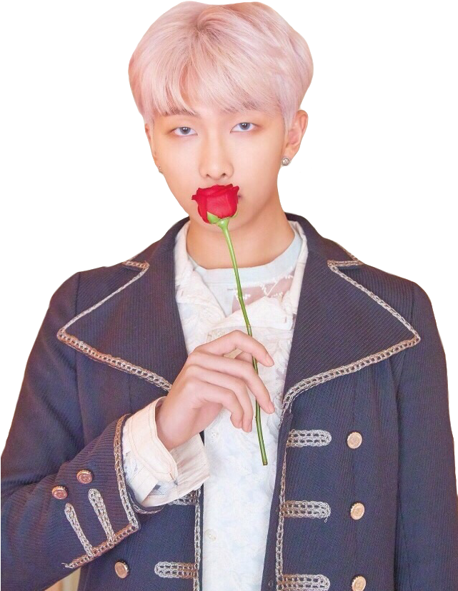A Person With Pink Hair Holding A Red Rose In Their Mouth