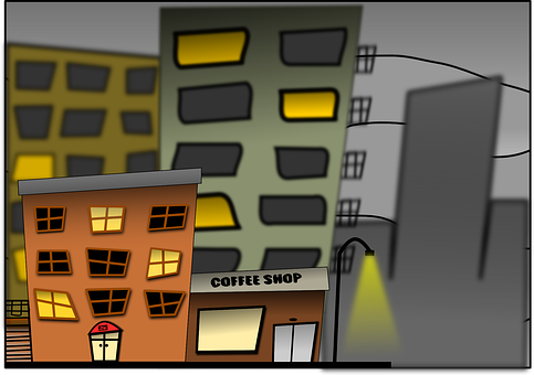 A Cartoon Of Buildings And A Street Light