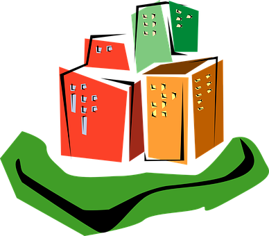 A Group Of Buildings On A Green Surface