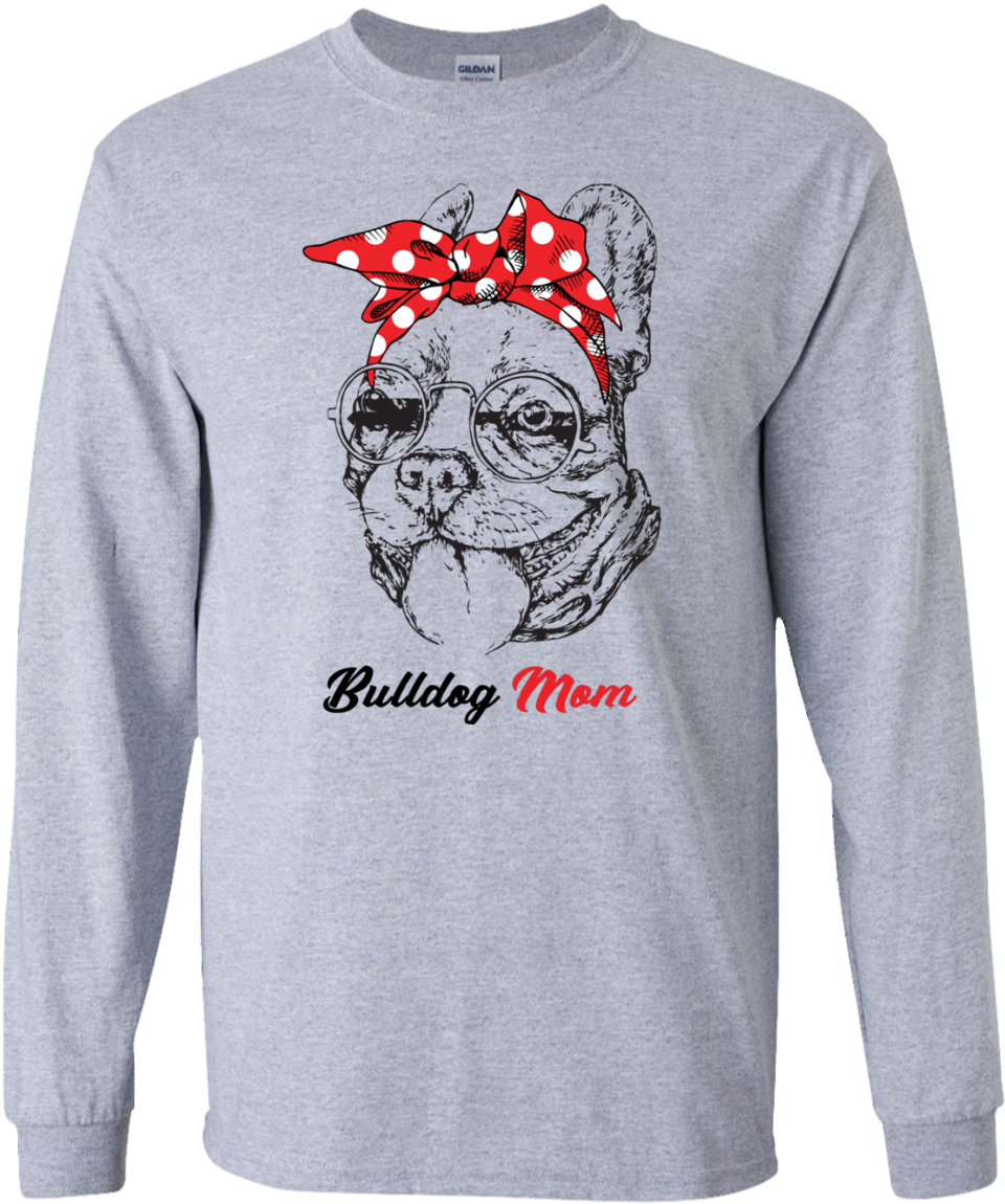 A Grey Long Sleeved Shirt With A Dog Wearing A Red Bow And Sunglasses