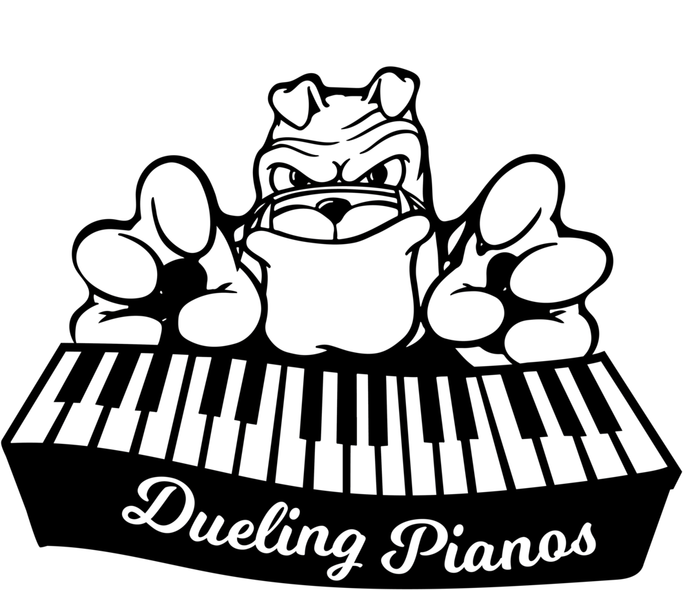 A White And Black Logo With A Dog Playing A Piano