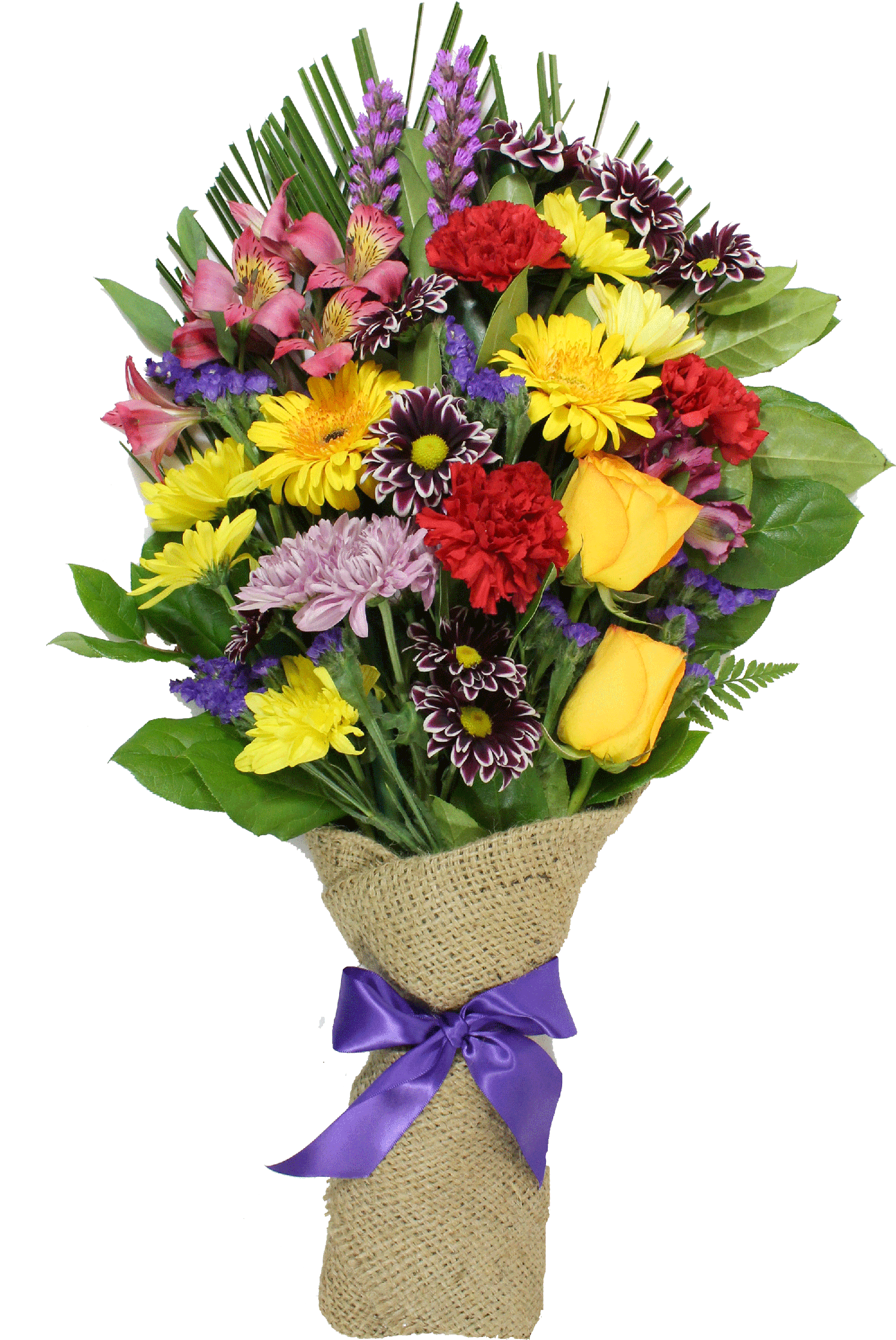 A Bouquet Of Flowers With A Purple Ribbon