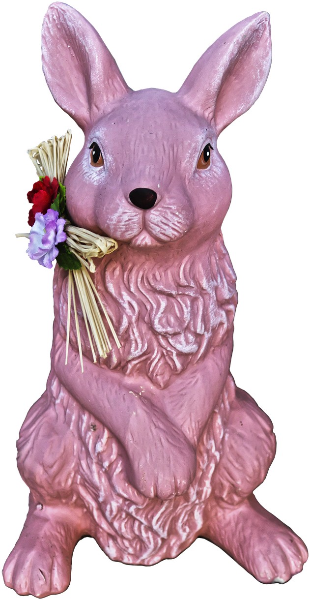 A Pink Rabbit Statue With Flowers
