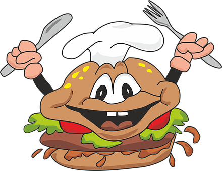 A Cartoon Of A Burger With A Chef Hat And Fork And Knife