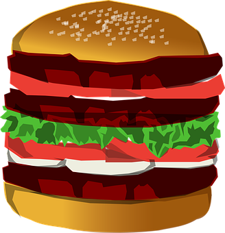 A Hamburger With Multiple Layers Of Meat And Vegetables