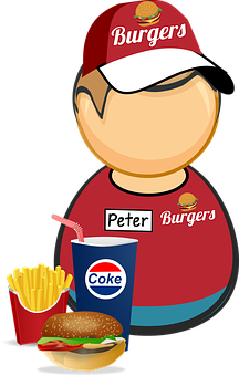 A Cartoon Of A Man With A Hat And Fries And A Drink