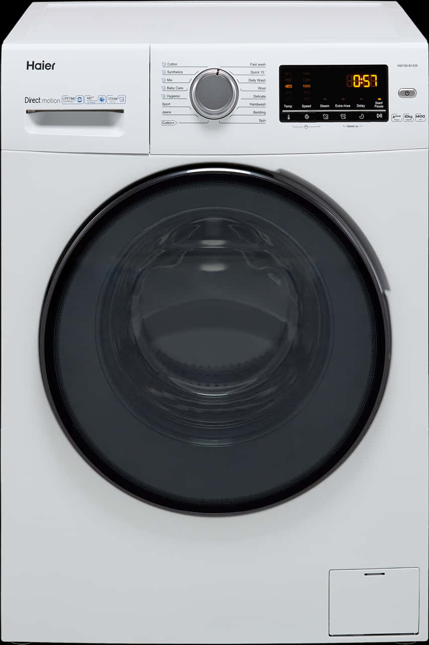 A White Washing Machine With A Black Door